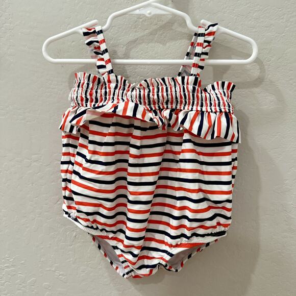Janie and Jack Red, White, & Blue Stripe Ruffle One Piece Swimsuit - Picture 1 of 8